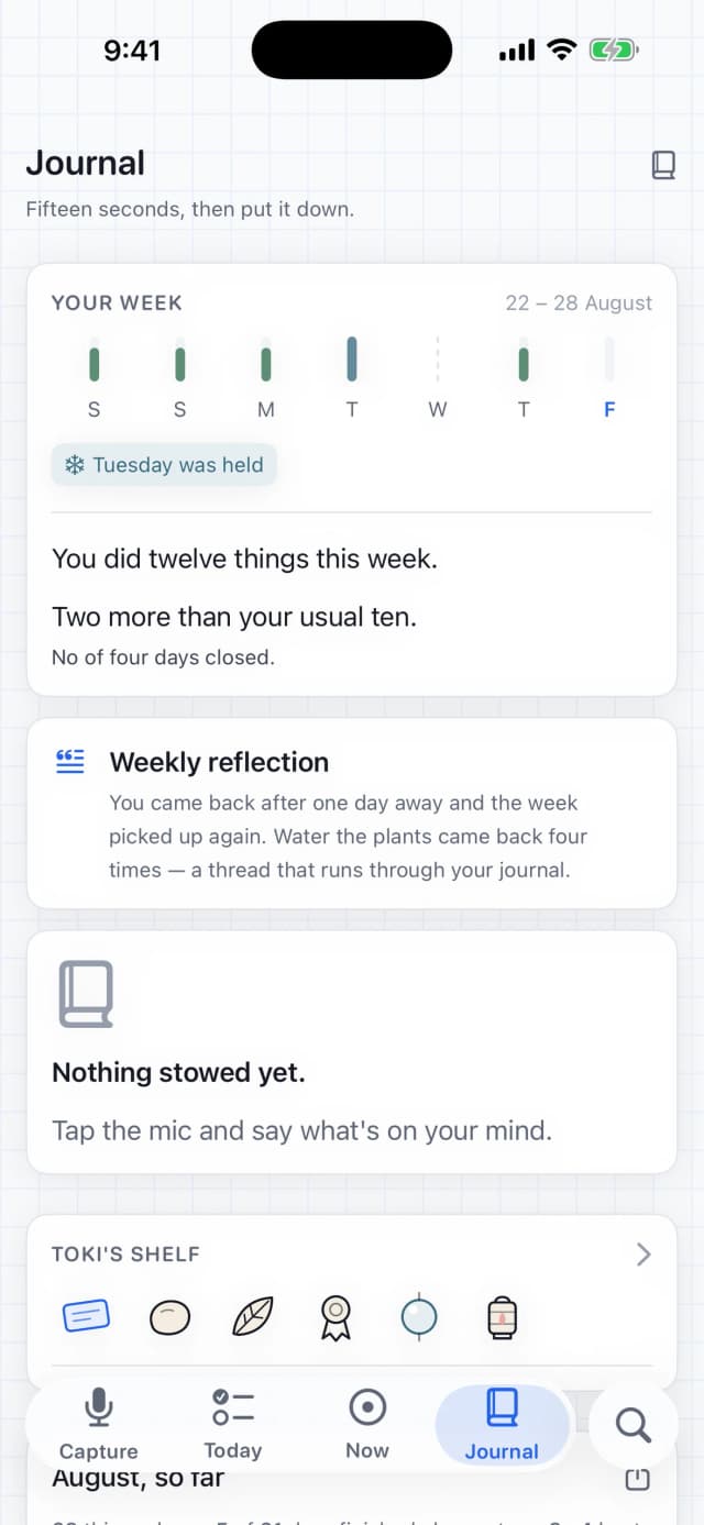 Stowe's Journal: the week as seven marks with a held Tuesday, 'You did twelve things this week', a weekly reflection card, and Toki's shelf of keepsakes.